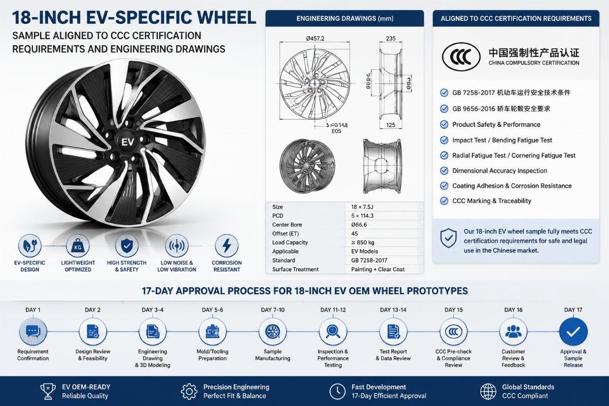 18-inch EV-specific wheel sample aligned to CCC certification requirements and engineering drawings