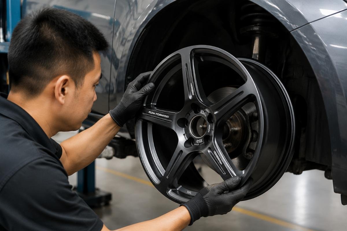 4 piece wheel test set fitment verification Technician checking wheel fitment against a vehicle hub in a workshop