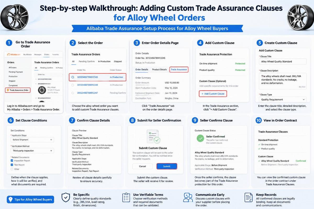 Alibaba Trade Assurance setup process for alloy wheel buyers Step-by-step walkthrough of adding custom Trade Assurance clauses for alloy wheel orders