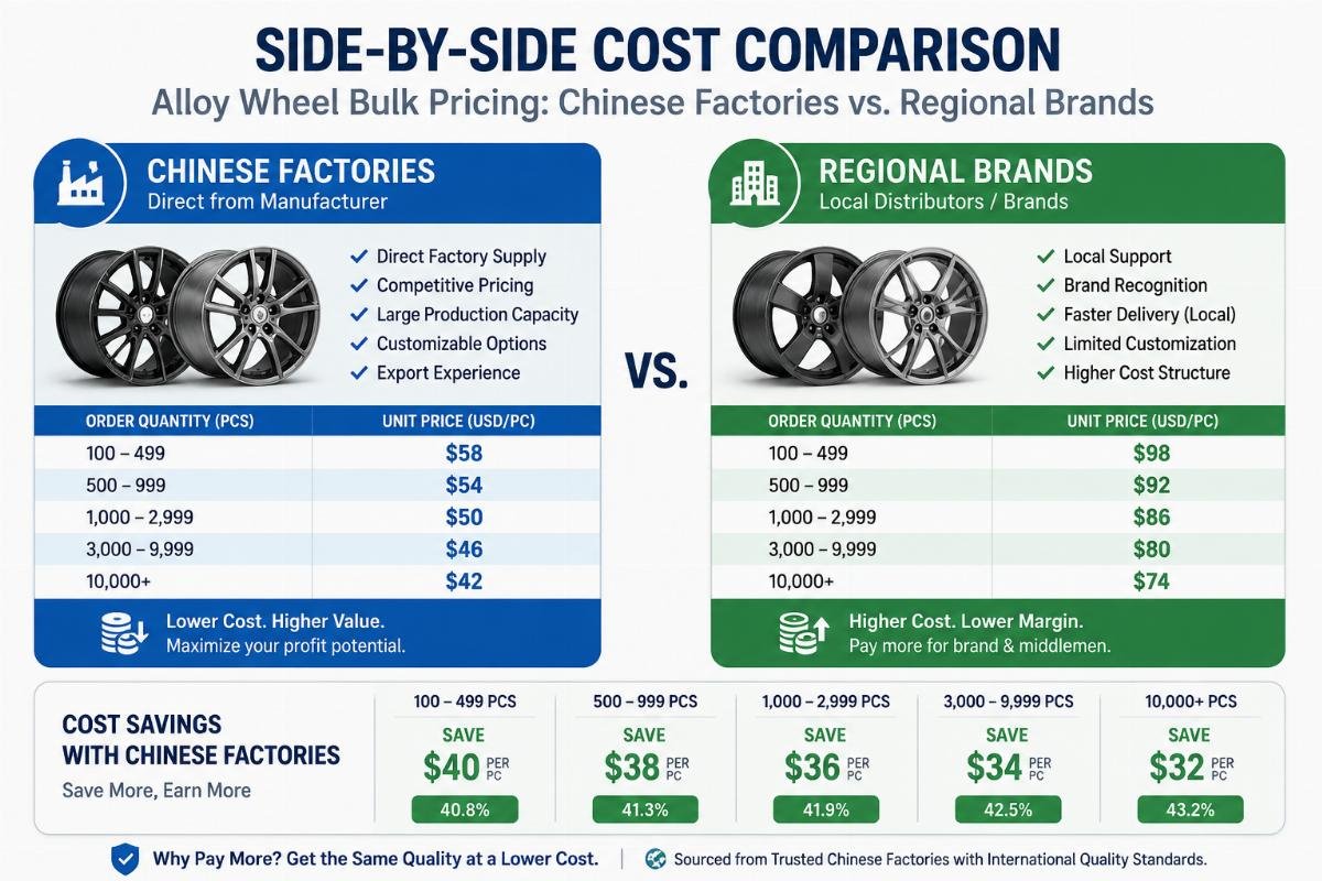 Alloy wheel bulk cost savings comparison Side-by-side cost comparison of alloy wheel bulk pricing from Chinese factories vs. regional brands