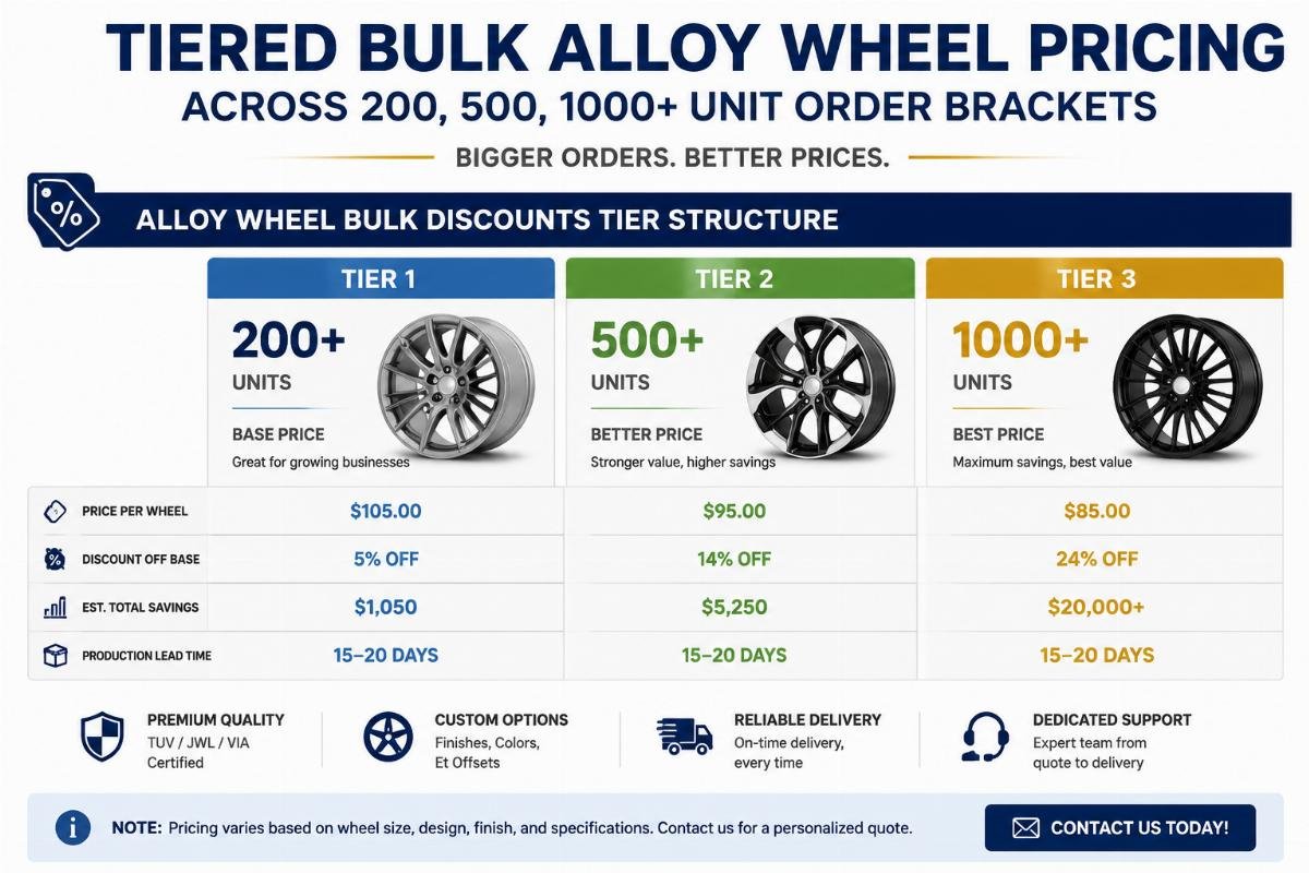 Alloy Wheel Bulk Discounts tier structure Tiered bulk alloy wheel pricing breakdown across 200, 500, 1000+ unit order brackets