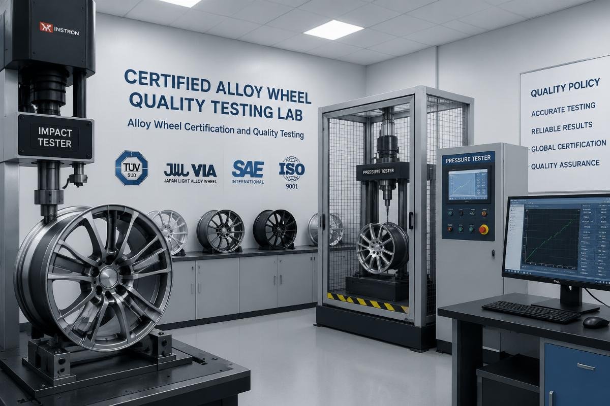 Alloy wheel certification and quality testing Certified alloy wheel quality testing lab with pressure and impact testing equipment