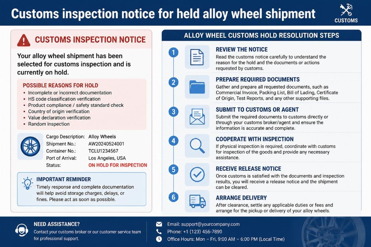 Alloy wheel customs hold resolution steps Customs inspection notice for held alloy wheel shipment