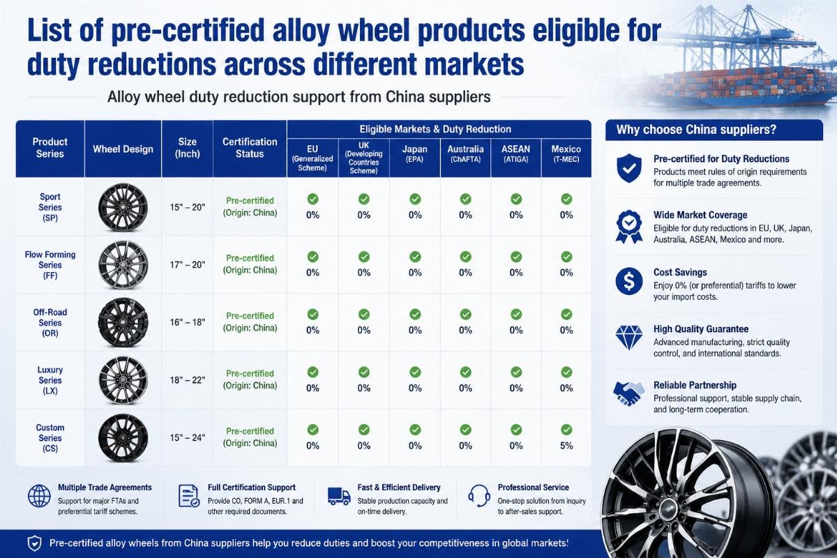alloy wheel duty reduction support from China suppliers List of pre-certified alloy wheel products eligible for duty reductions across different markets