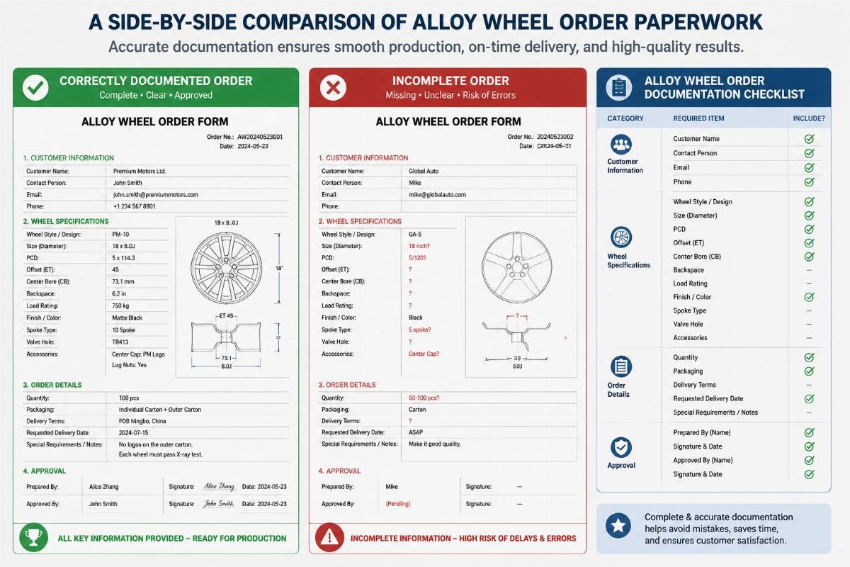 A side-by-side comparison of correctly documented and incomplete alloy wheel order paperwork