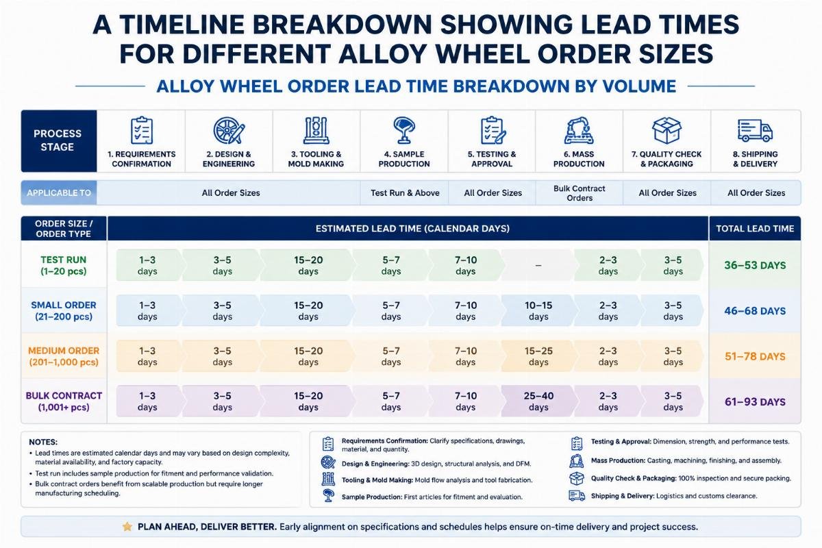 A timeline breakdown showing lead times for different alloy wheel order sizes from test run to bulk contract