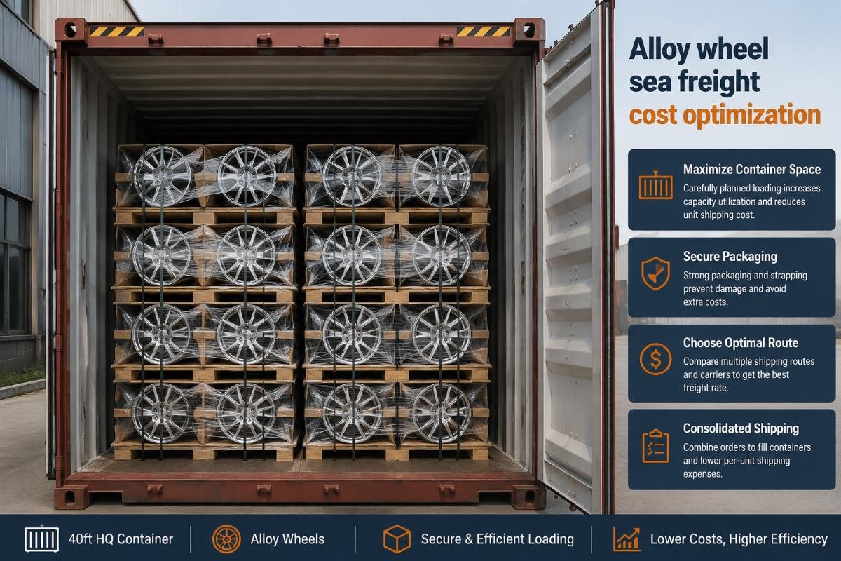 Alloy wheel sea freight cost optimization Alloy wheel stacked inside a 40ft shipping container for export from China