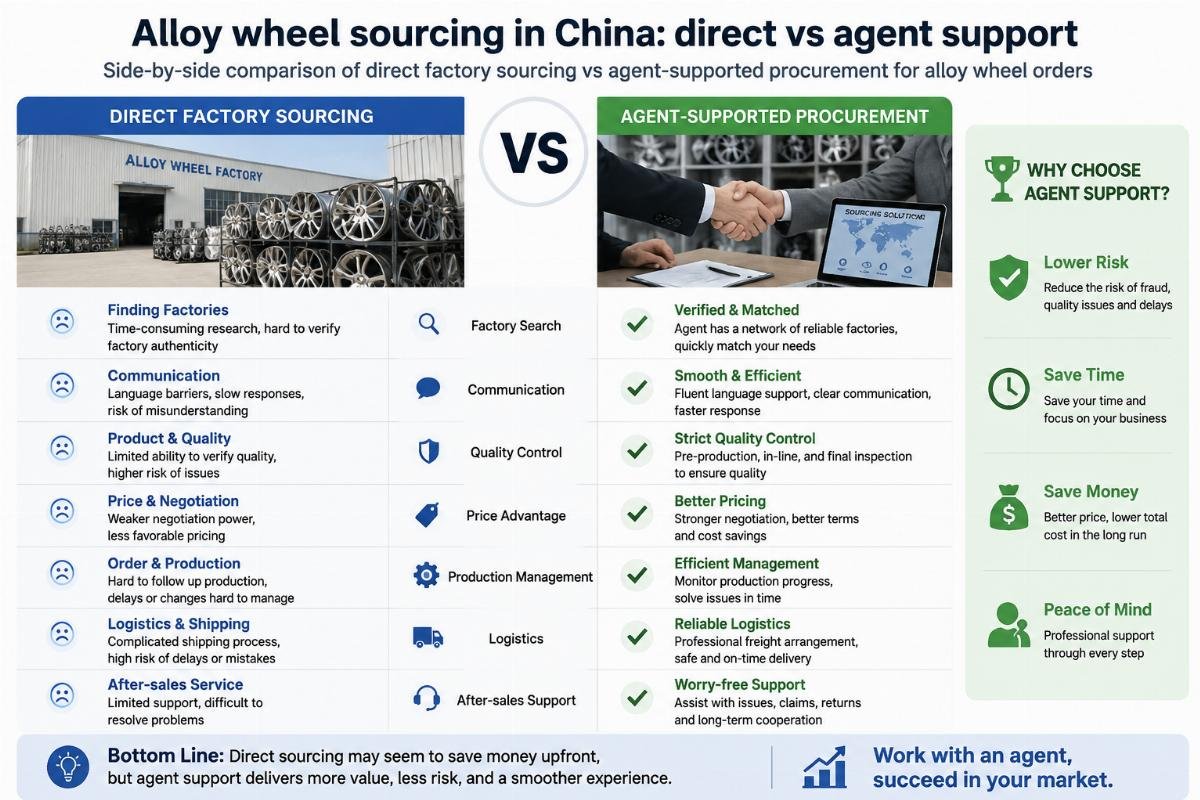 Side-by-side comparison of direct factory sourcing vs agent-supported procurement for alloy wheel orders
