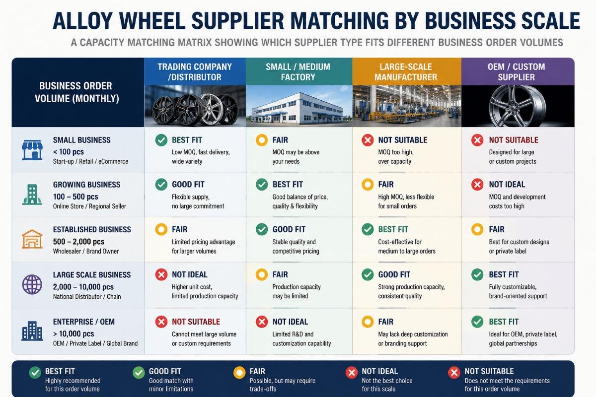 A capacity matching matrix showing which supplier type fits different business order volumes