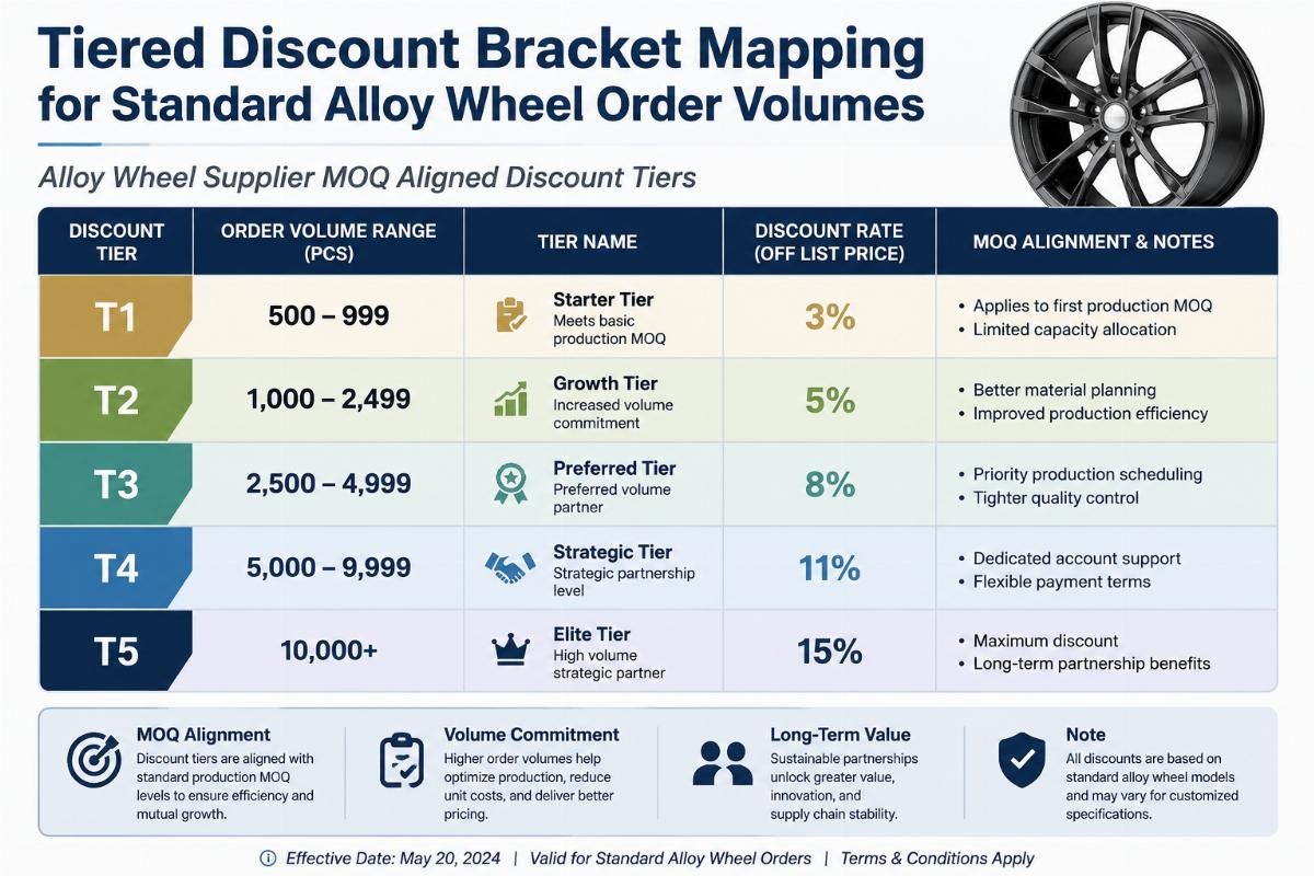 Alloy wheel supplier MOQ aligned discount tiers Tiered discount bracket mapping for standard alloy wheel order volumes