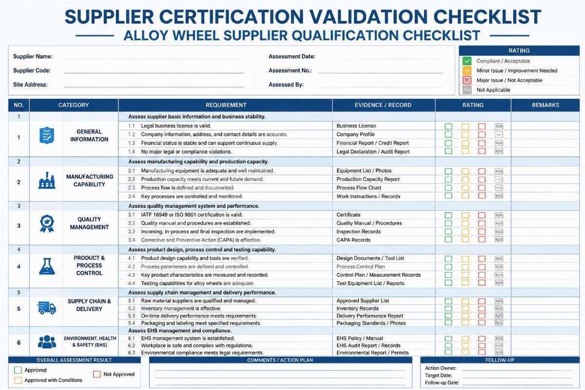 Alloy wheel supplier qualification checklist Supplier certification validation checklist