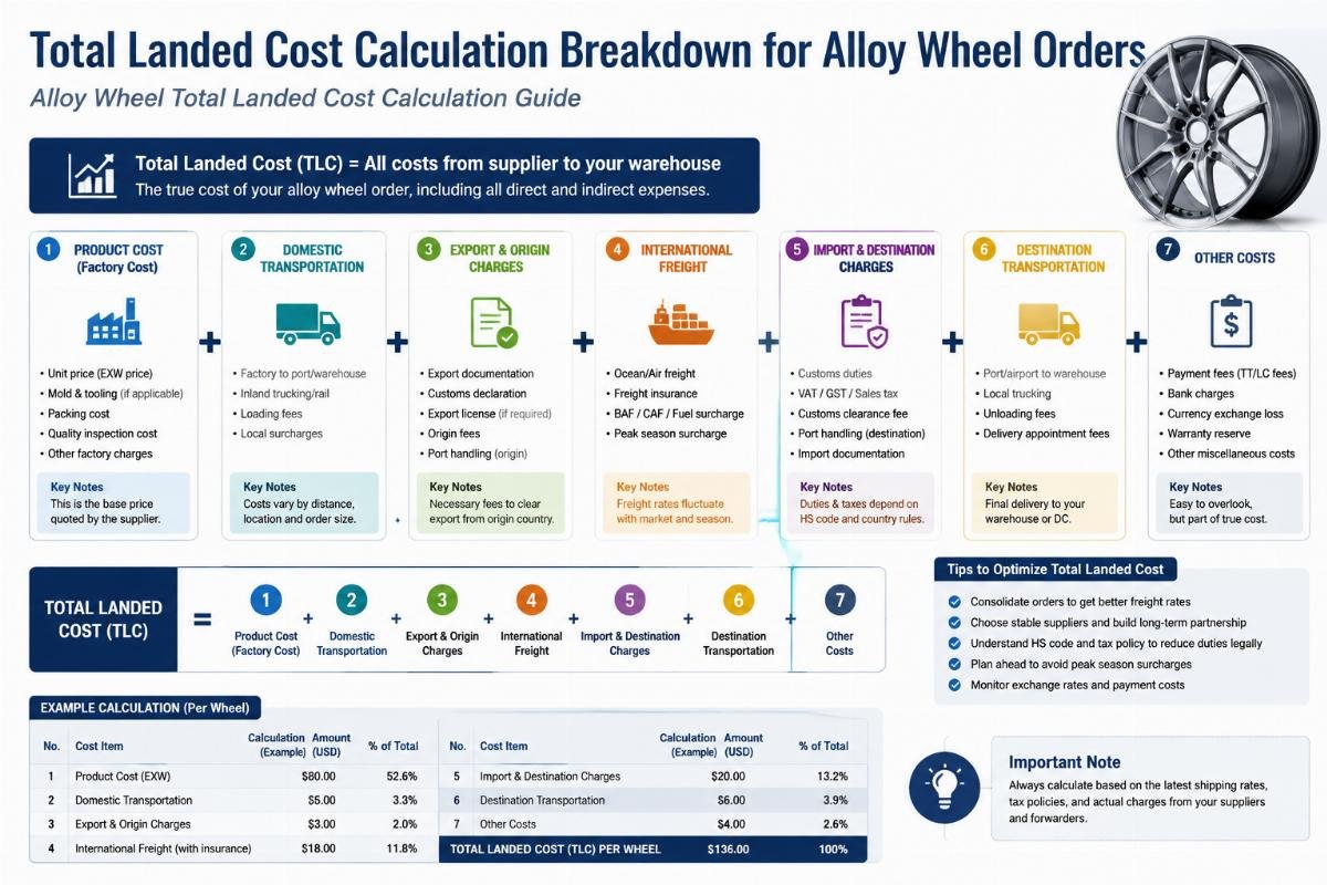 Total landed cost calculation breakdown for alloy wheel orders