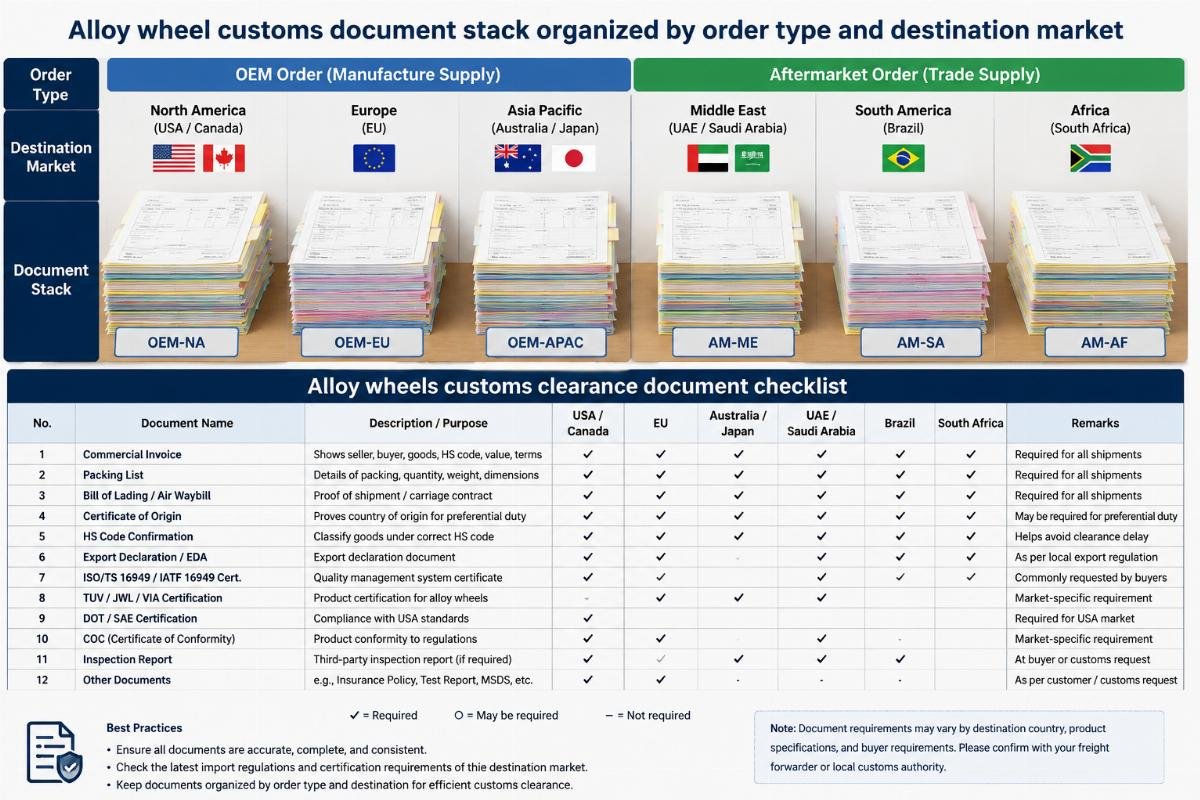 Alloy wheels customs clearance document checklist Alloy wheel customs document stack organized by order type and destination market
