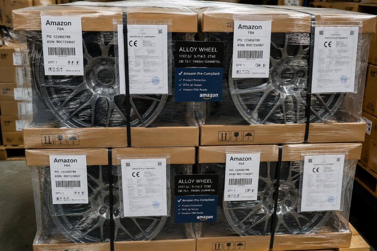 A stack of pre-packaged Amazon-ready alloy wheel units with shipping labels and certification documentation attached