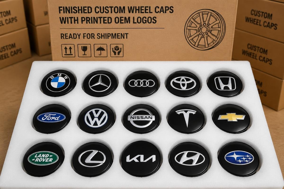 Branded custom wheel cap finished products Finished custom wheel caps with printed OEM logos ready for shipment