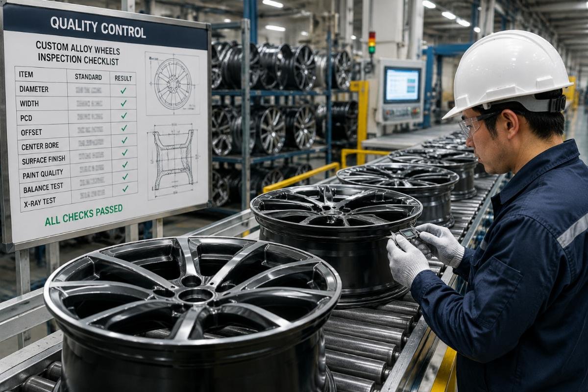 A production line of custom alloy wheels being inspected for quality compliance