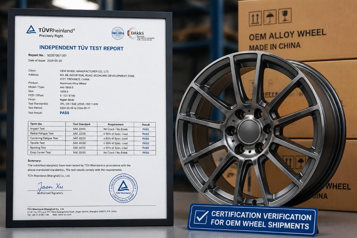 Certification verification for OEM wheel shipments Independent TüV test report document next to a finished alloy wheel