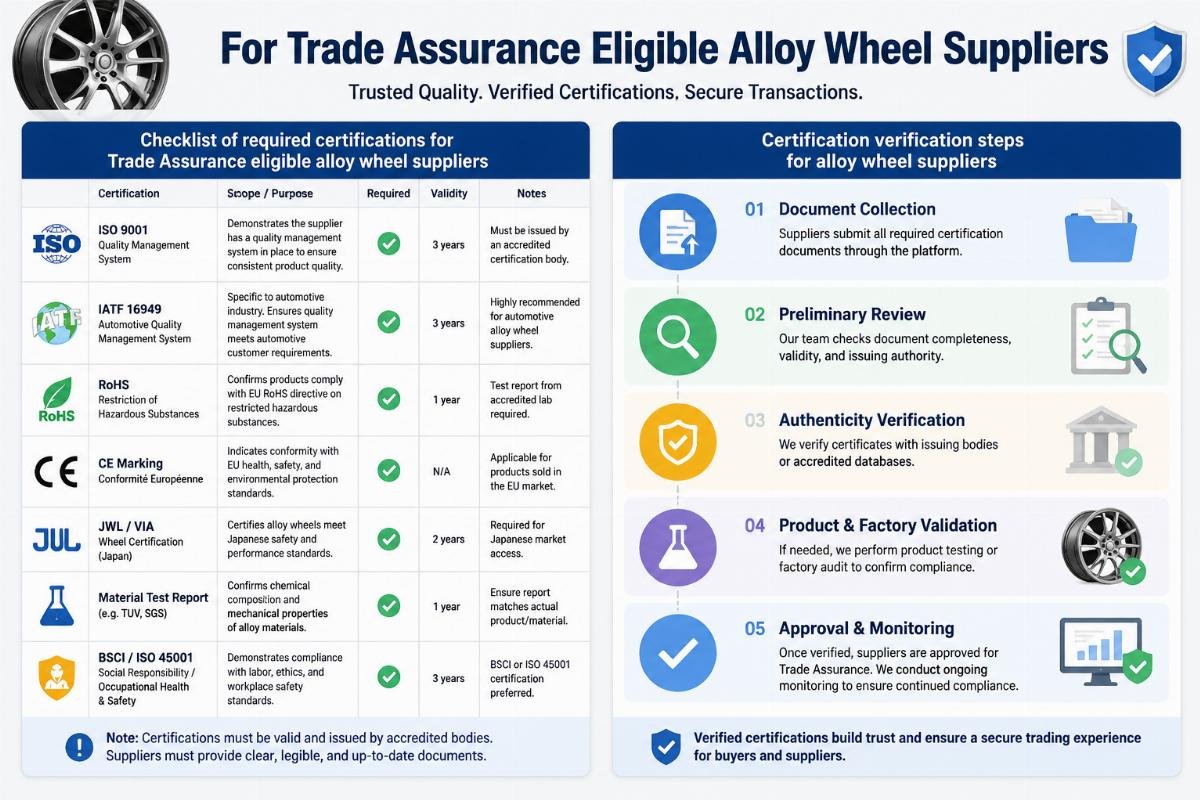 Certification verification steps for alloy wheel suppliers Checklist of required certifications for Trade Assurance eligible alloy wheel suppliers