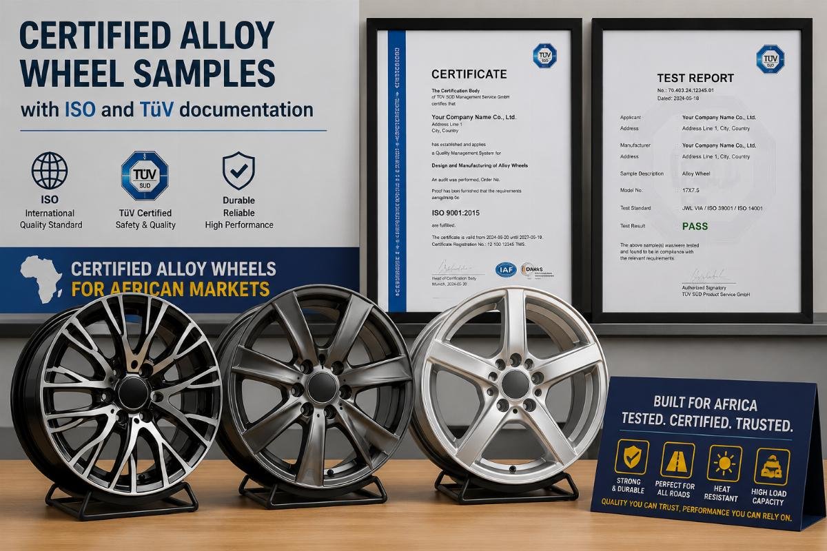 Certified alloy wheel samples with ISO and TüV documentation