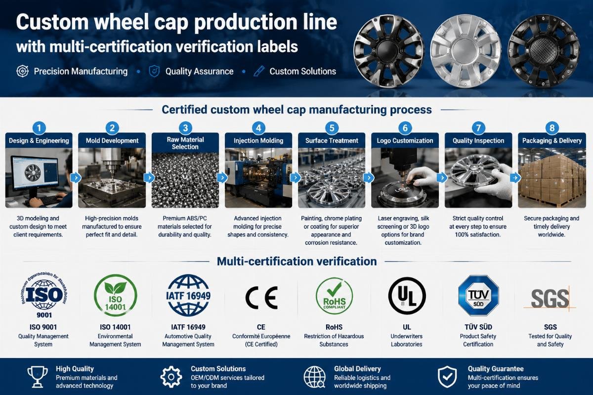 Custom wheel cap production line with multi-certification verification labels