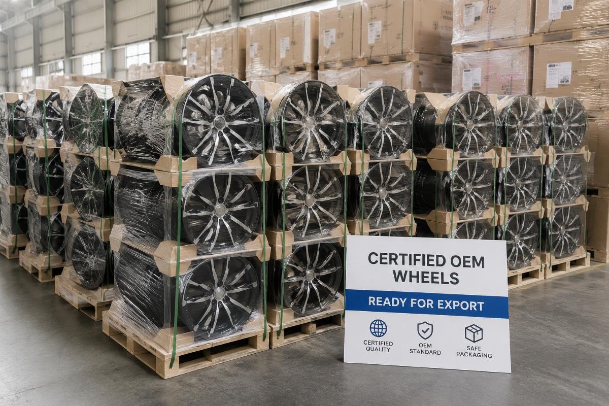 Finished OEM wheels stacked in a warehouse ready for shipping