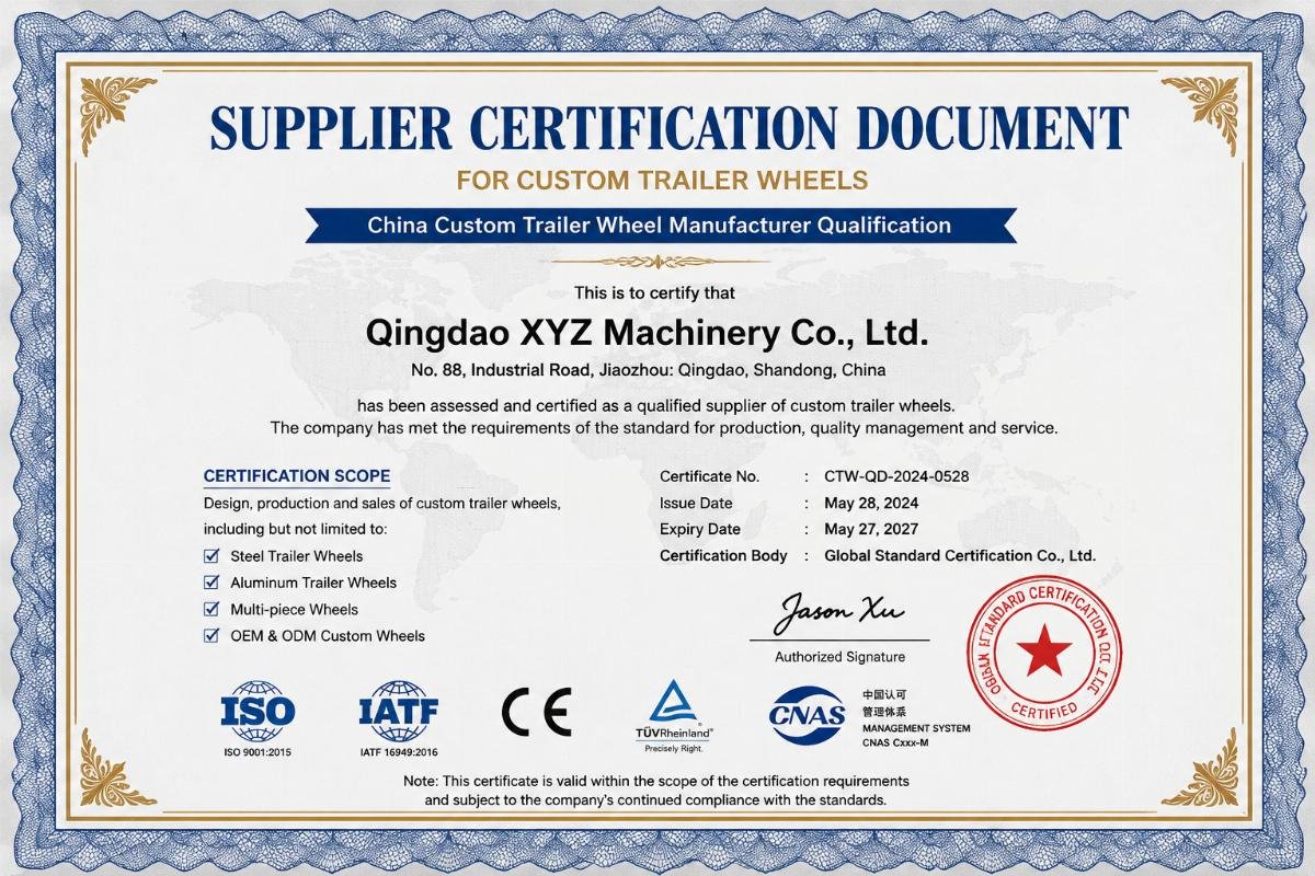 China custom trailer wheel manufacturer qualification Supplier certification document sample for custom trailer wheels