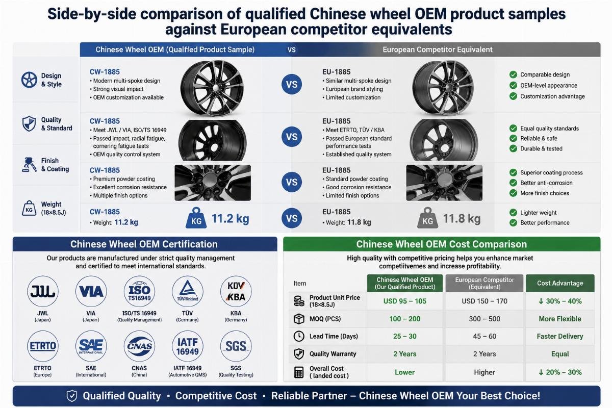 Side-by-side comparison of qualified Chinese wheel OEM product samples against European competitor equivalents