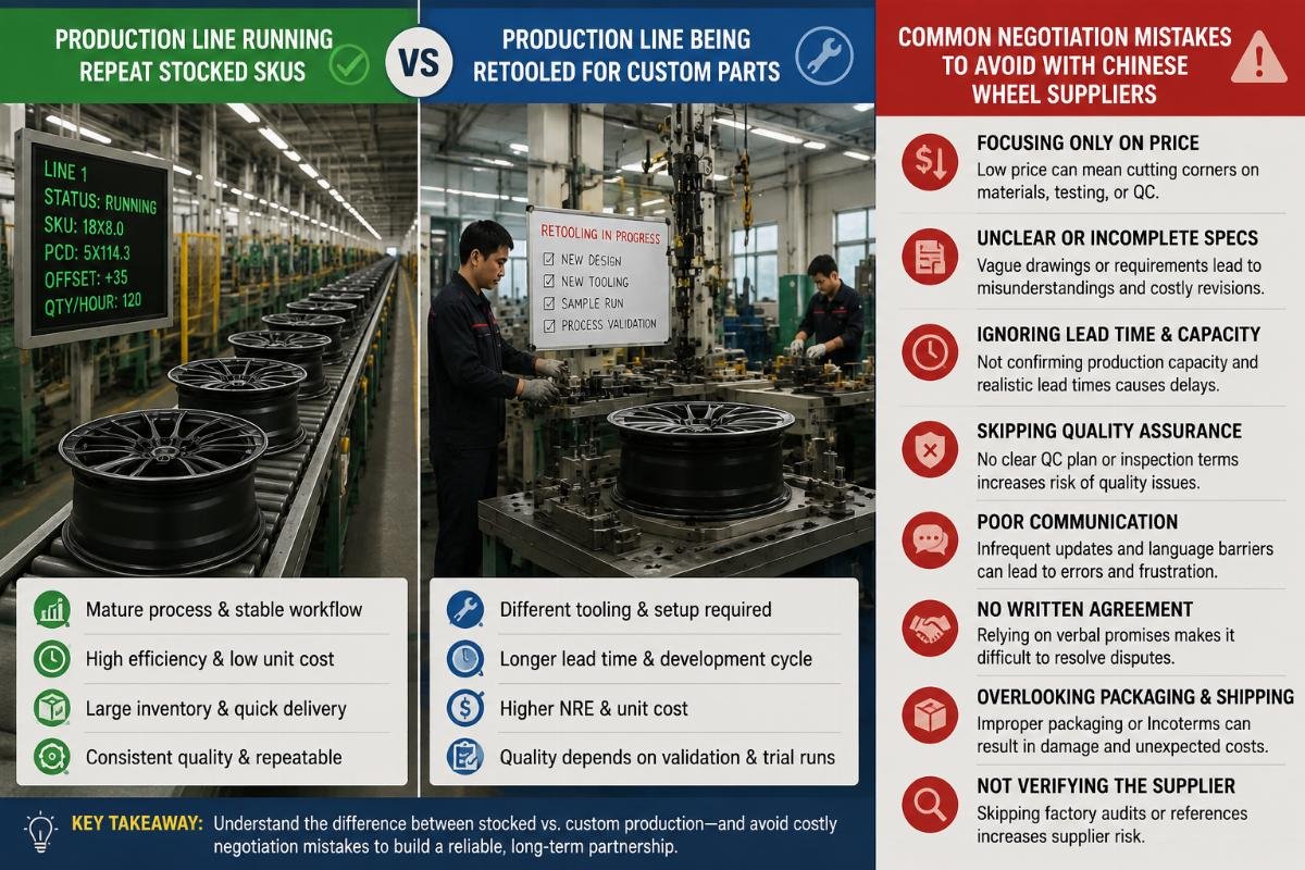 common negotiation mistakes to avoid with Chinese wheel suppliers Side-by-side of a production line running repeat stocked SKUs vs a line being retooled for custom parts