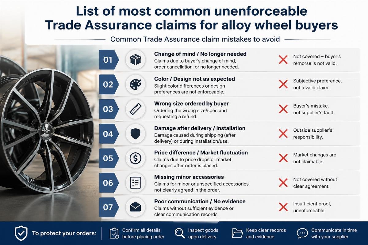 Common Trade Assurance claim mistakes to avoid List of most common unenforceable Trade Assurance claims for alloy wheel buyers