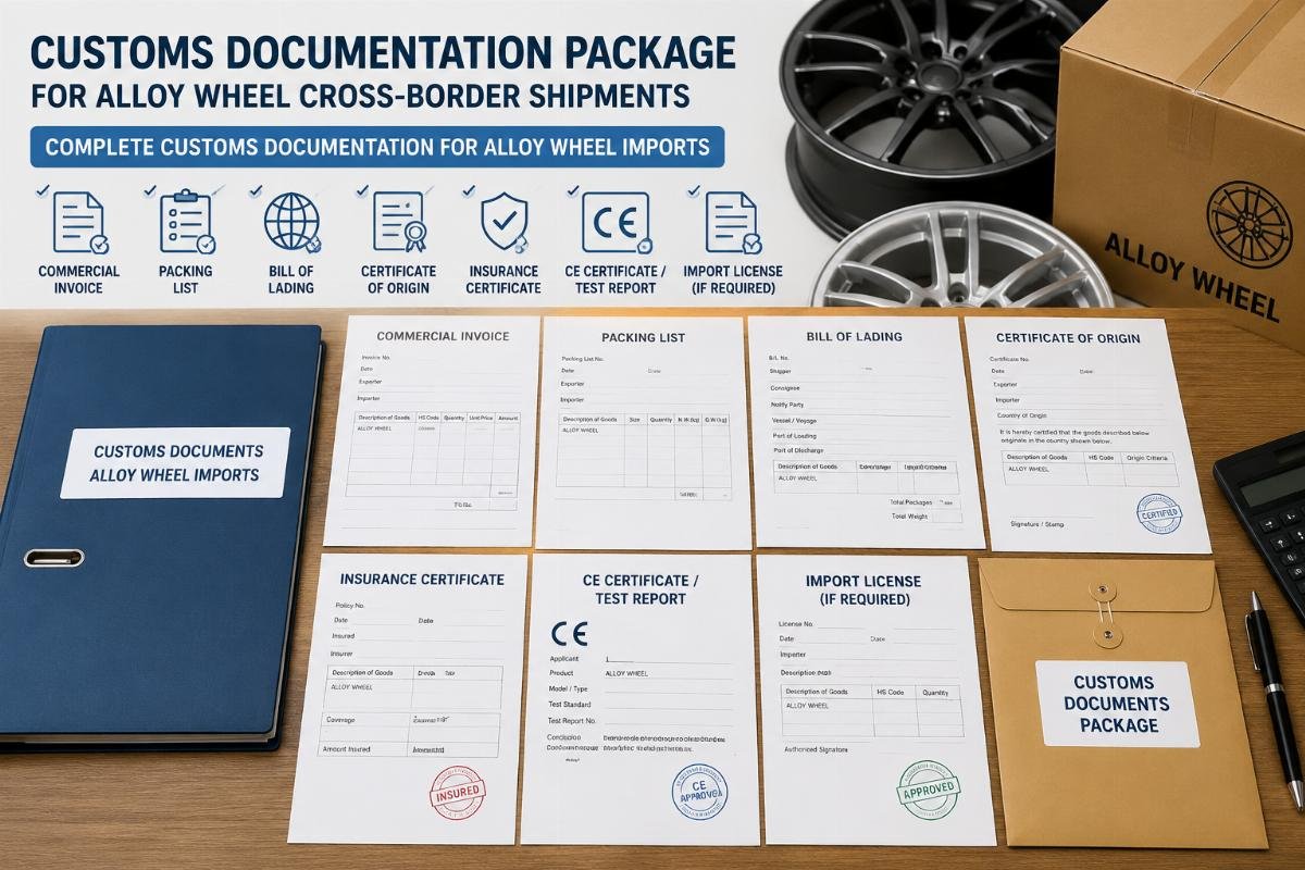 Customs documentation package for alloy wheel cross-border shipments