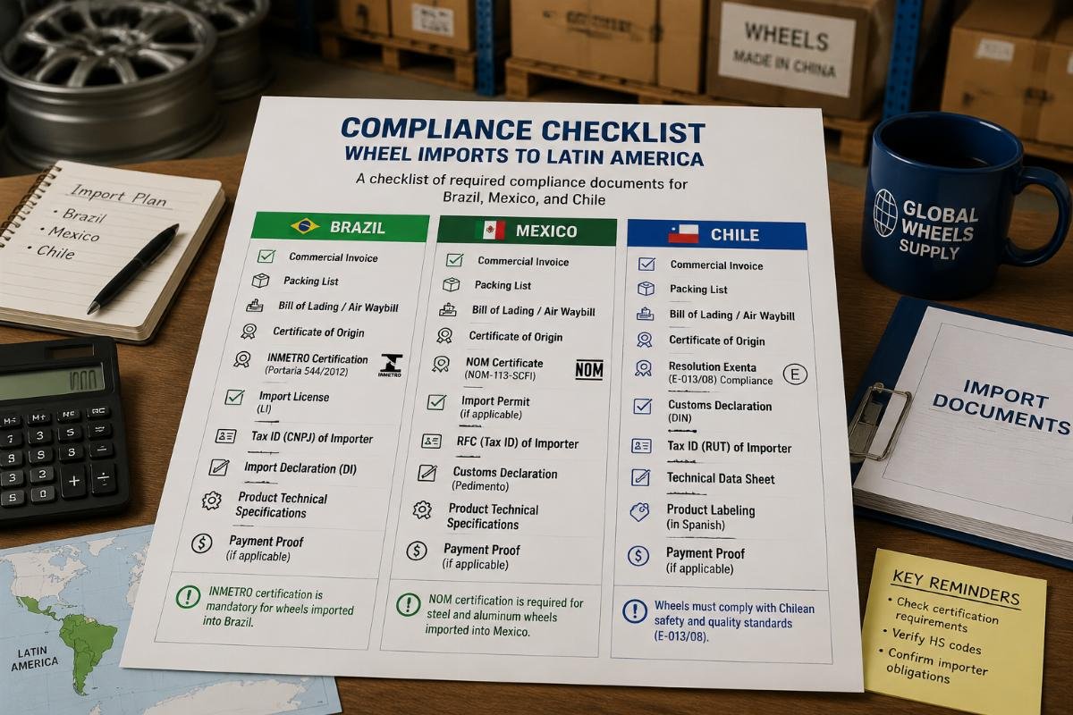 Compliance checklists for Latin American wheel import markets A checklist of required compliance documents for wheel imports to Brazil, Mexico, and Chile laid out on a warehouse desktop
