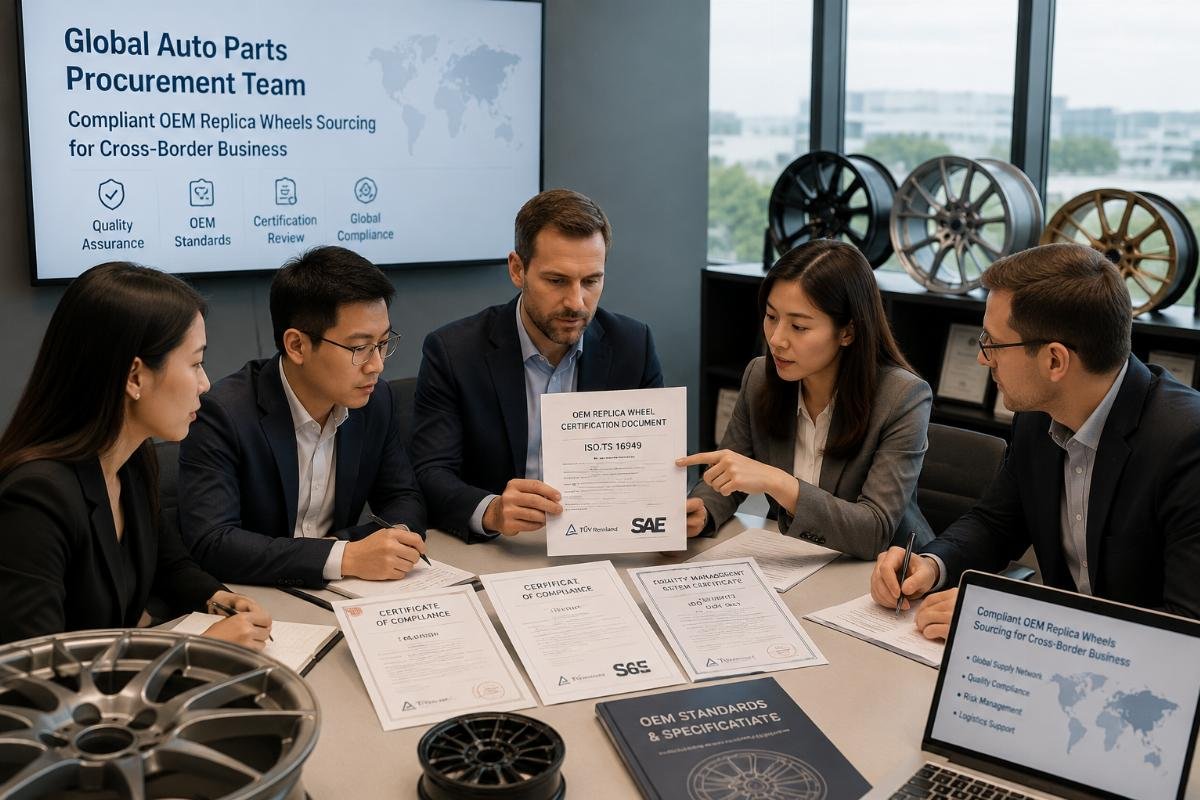 Global auto parts procurement team reviewing OEM replica wheel certification documents
