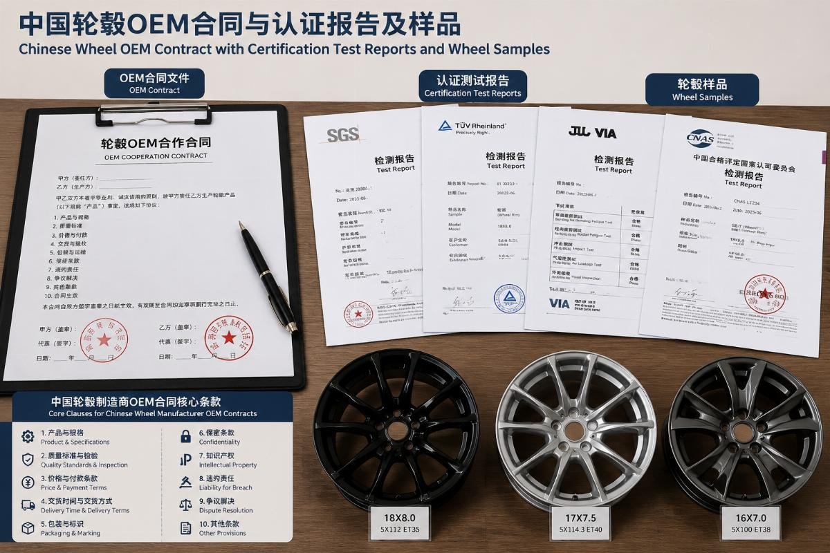 Chinese wheel OEM contract document laid out alongside certification test reports and wheel samples