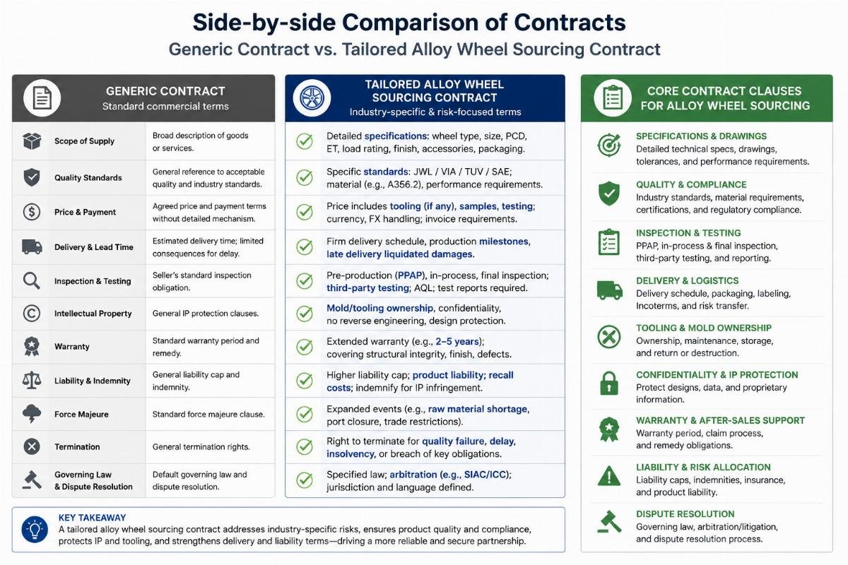 Side-by-side comparison of a generic contract and a tailored alloy wheel sourcing contract highlighting key clause differences