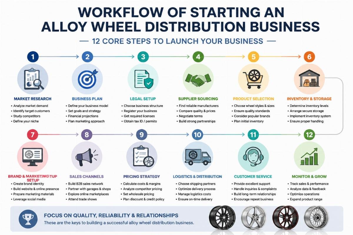 Workflow of starting an alloy wheel distribution business with clear step markers