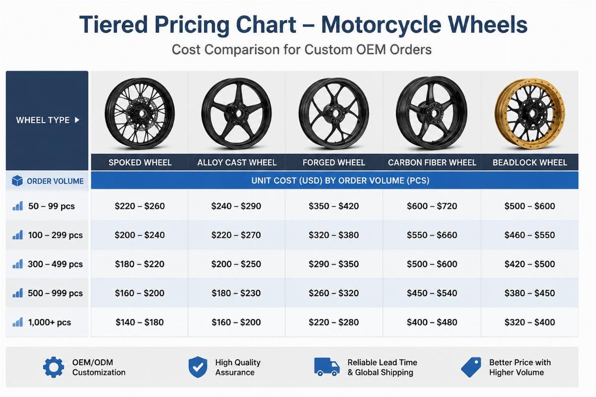 Cost comparison for custom OEM motorcycle wheels A tiered pricing chart comparing unit costs across order volumes for motorcycle wheels