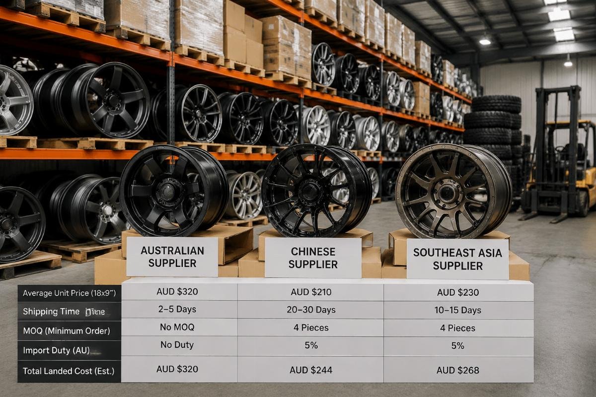 cost comparison of wheel sourcing from different regions Stacked 4WD wheel inventory in a local Australian warehouse