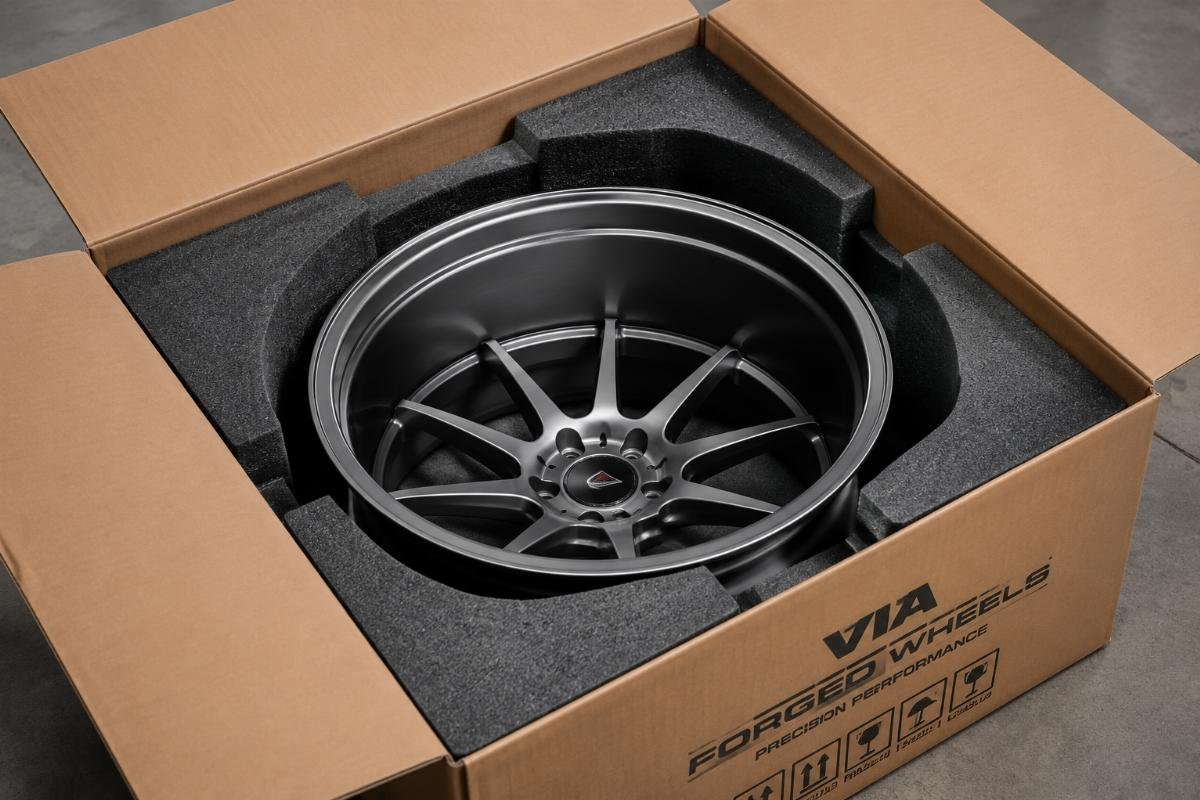 Custom buffer packaging for concave modified wheels Custom contoured foam packaging inside a wheel box for modified deep concave wheels