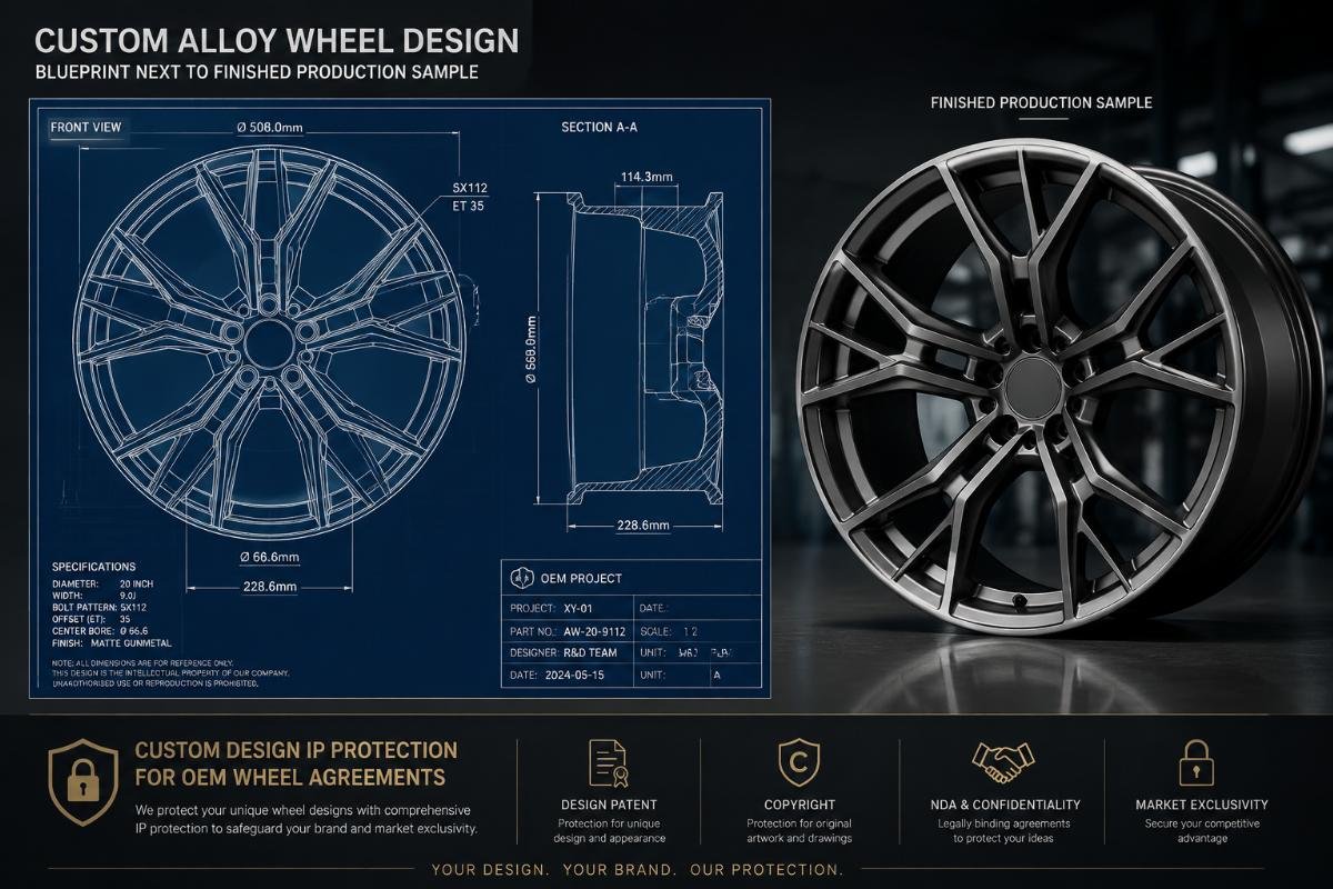 Custom design IP protection for OEM wheel agreements Custom alloy wheel design blueprint next to a finished production sample