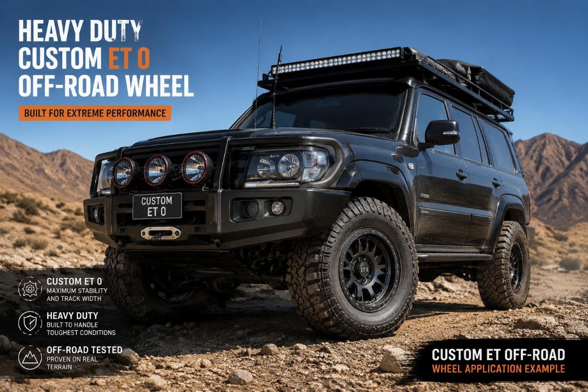 Heavy duty custom ET 0 off-road wheel on desert test terrain