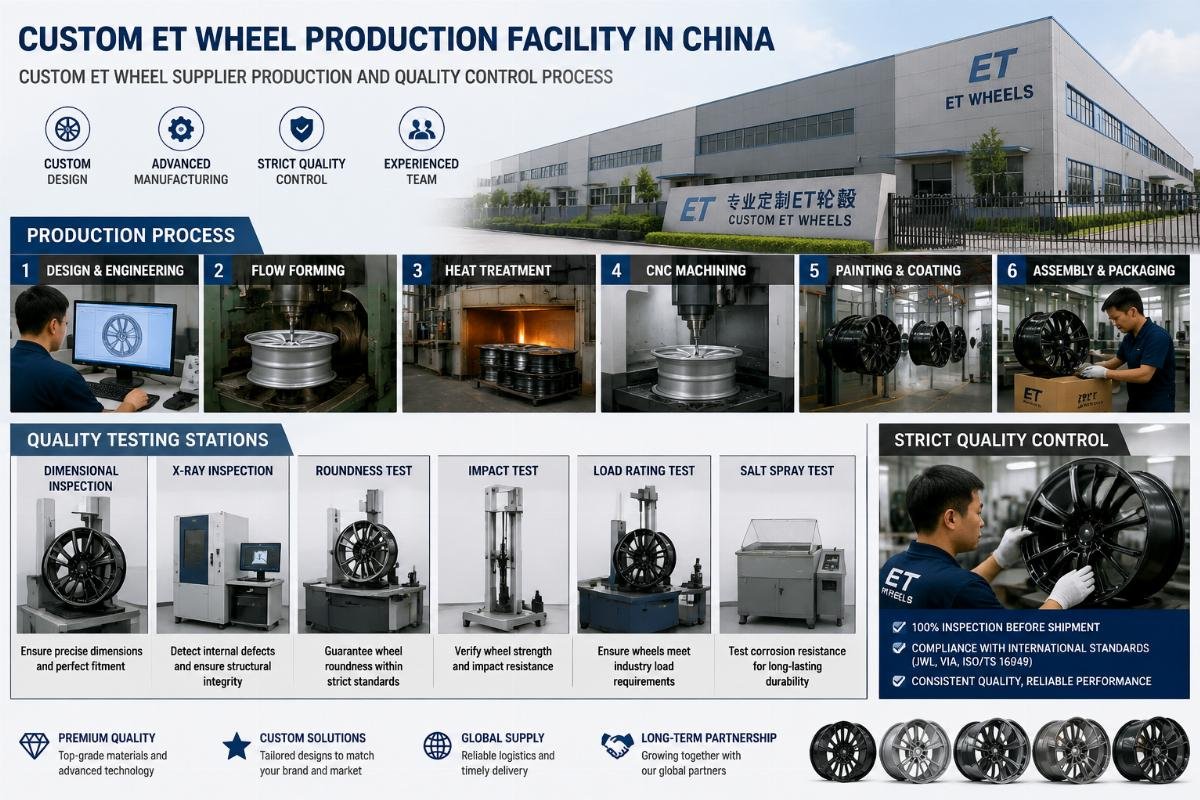 Custom ET wheel supplier production and quality control process Custom ET wheel production facility in China showing quality testing stations