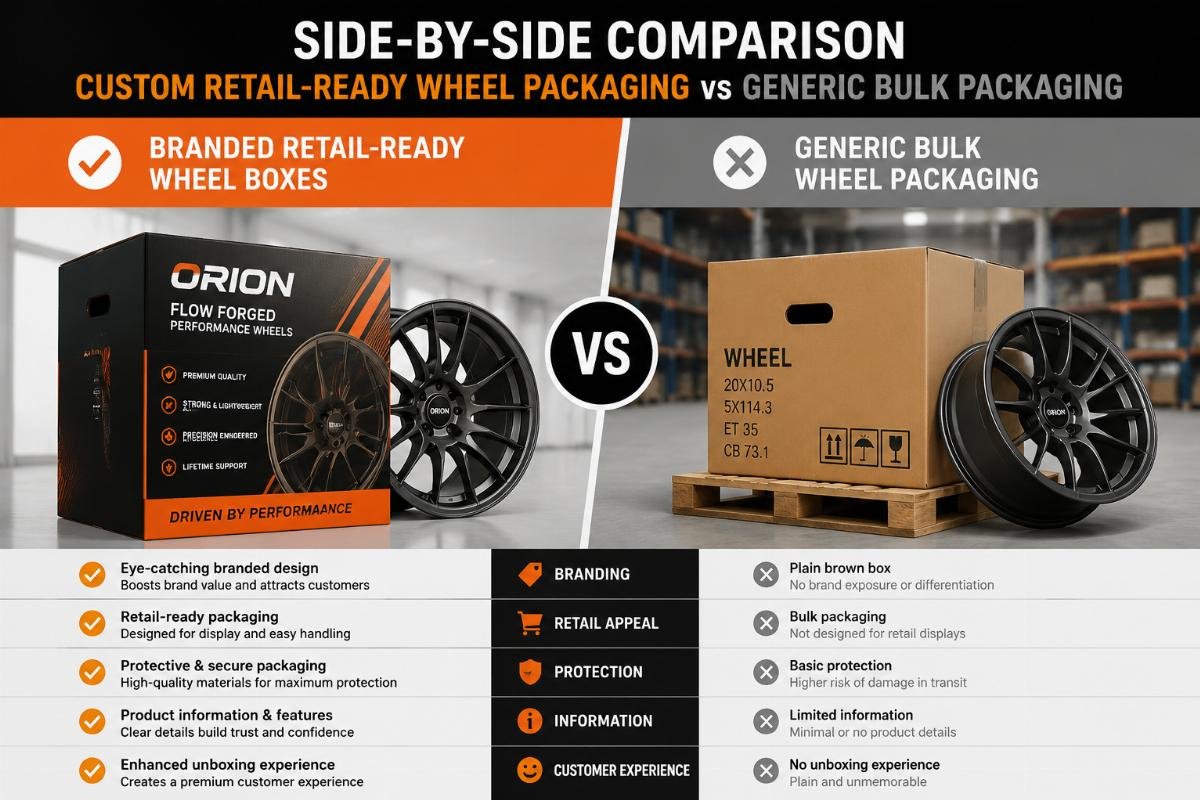 Side-by-side comparison of generic bulk wheel packaging and branded retail-ready wheel boxes