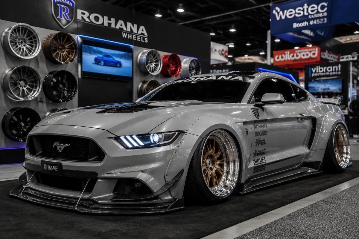 Custom deep-dish show car wheels mounted on a display vehicle at a SEMA booth