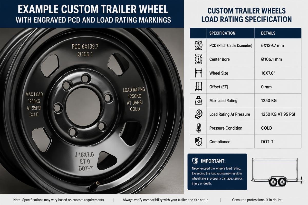 custom trailer wheels load rating specification Example custom trailer wheel with engraved PCD and load rating markings
