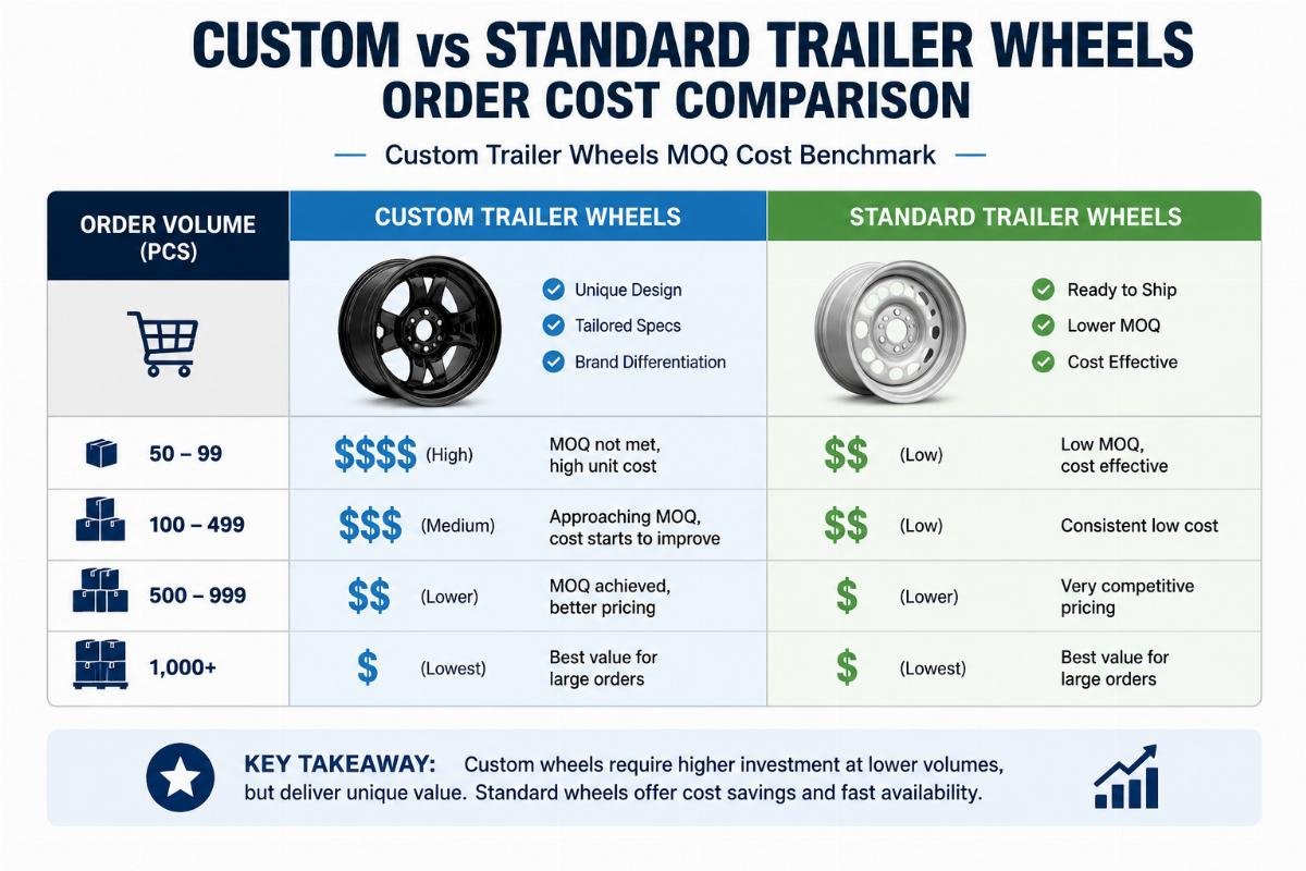 custom trailer wheels MOQ cost benchmark Order cost comparison chart for custom vs standard trailer wheels across order volumes