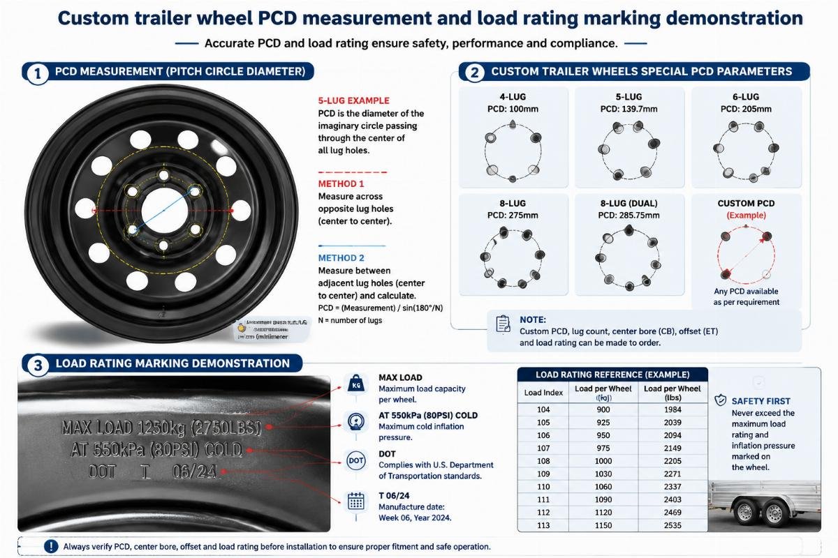 Custom trailer wheel PCD measurement and load rating marking demonstration