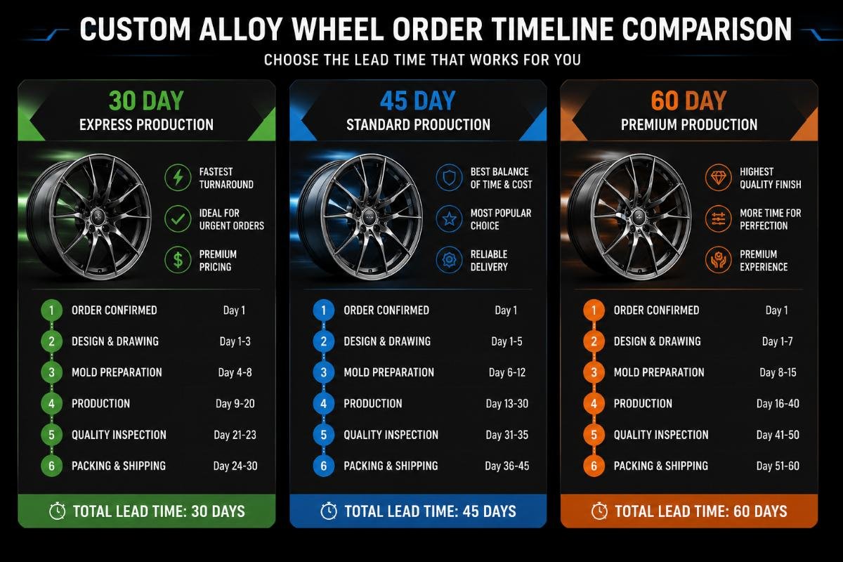A side-by-side comparison of 30, 45, and 60 day production timelines for custom alloy wheel orders