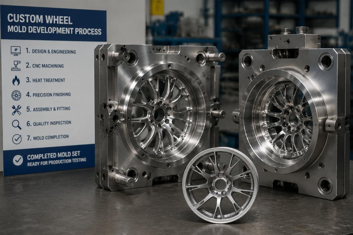 Completed custom wheel mold set ready for production testing