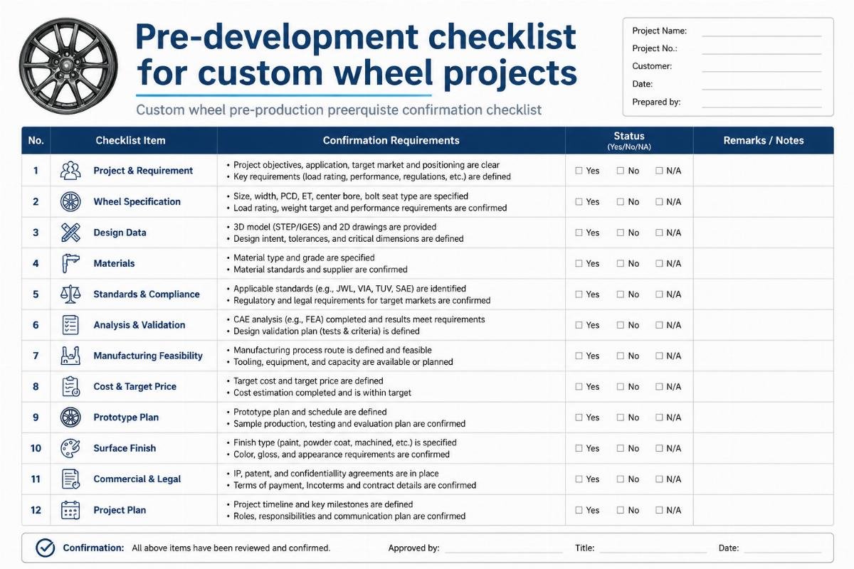 Pre-development checklist document for custom wheel projects