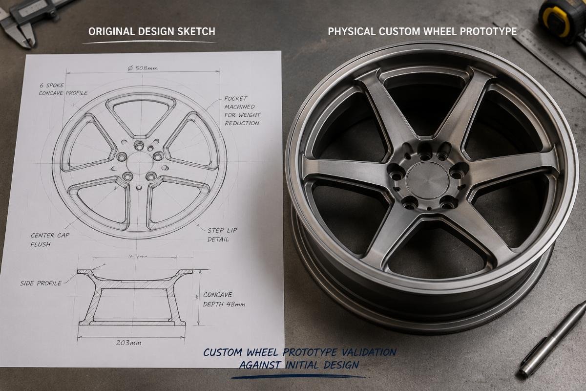 Physical custom wheel prototype next to original design sketch